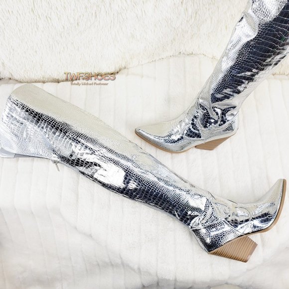 Silver Western thigh high Cowboy Boots - Picture 7 of 15